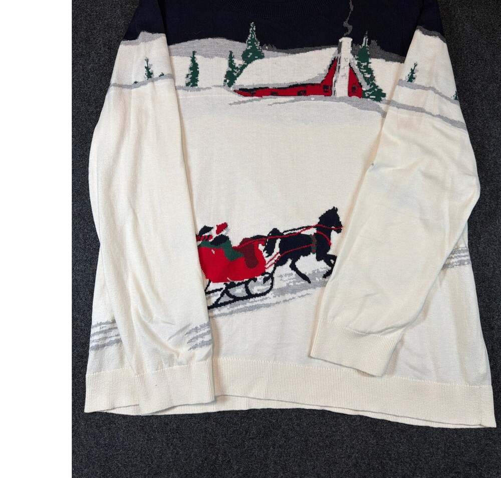 Talbots Holiday Christmas Sweater Horse Drawn Sleigh Winter Scene Cream Navy